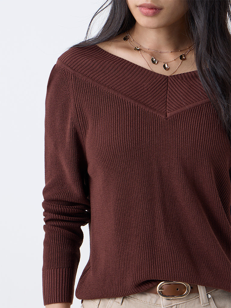 LOV Dark Brown Knit-Textured Top