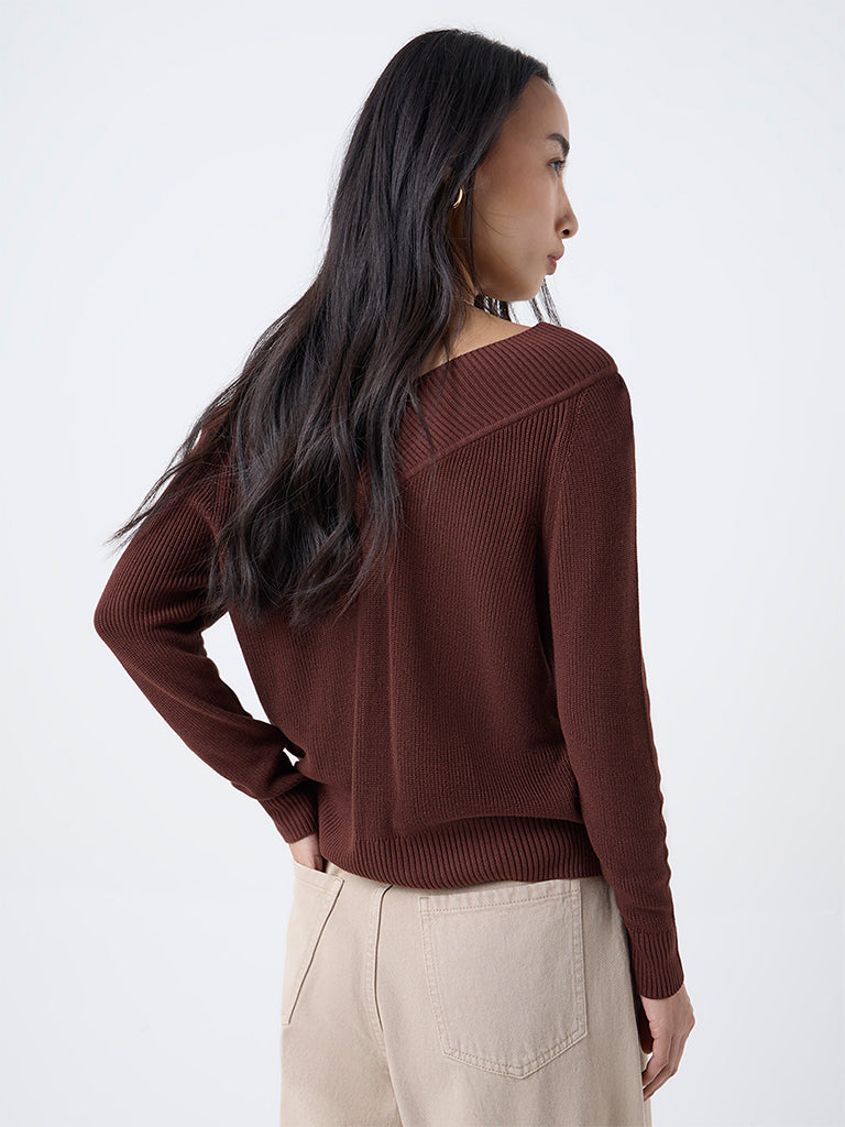 LOV Dark Brown Knit-Textured Top
