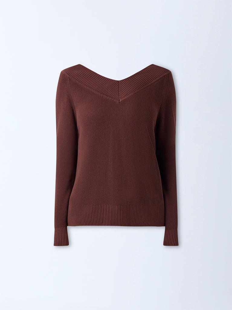 LOV Dark Brown Knit-Textured Top