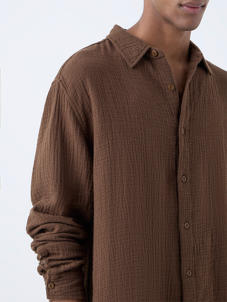 ETA Brown Crinkle-Textured Relaxed-Fit Cotton Shirt
