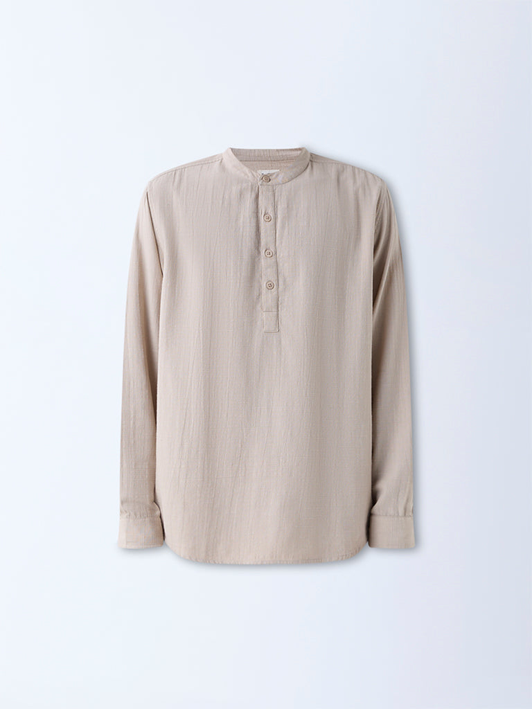ETA Beige Self-Patterned Relaxed-Fit Cotton-Blend Shirt