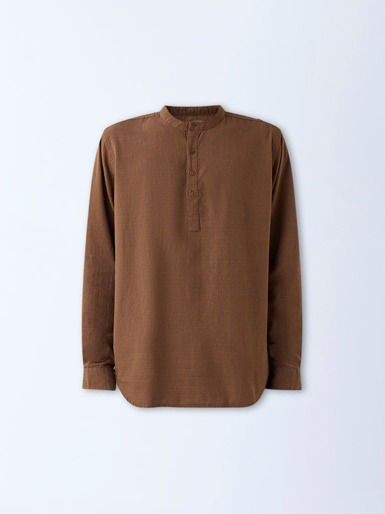 ETA Brown Self-Patterned Relaxed-Fit Cotton-Blend Shirt
