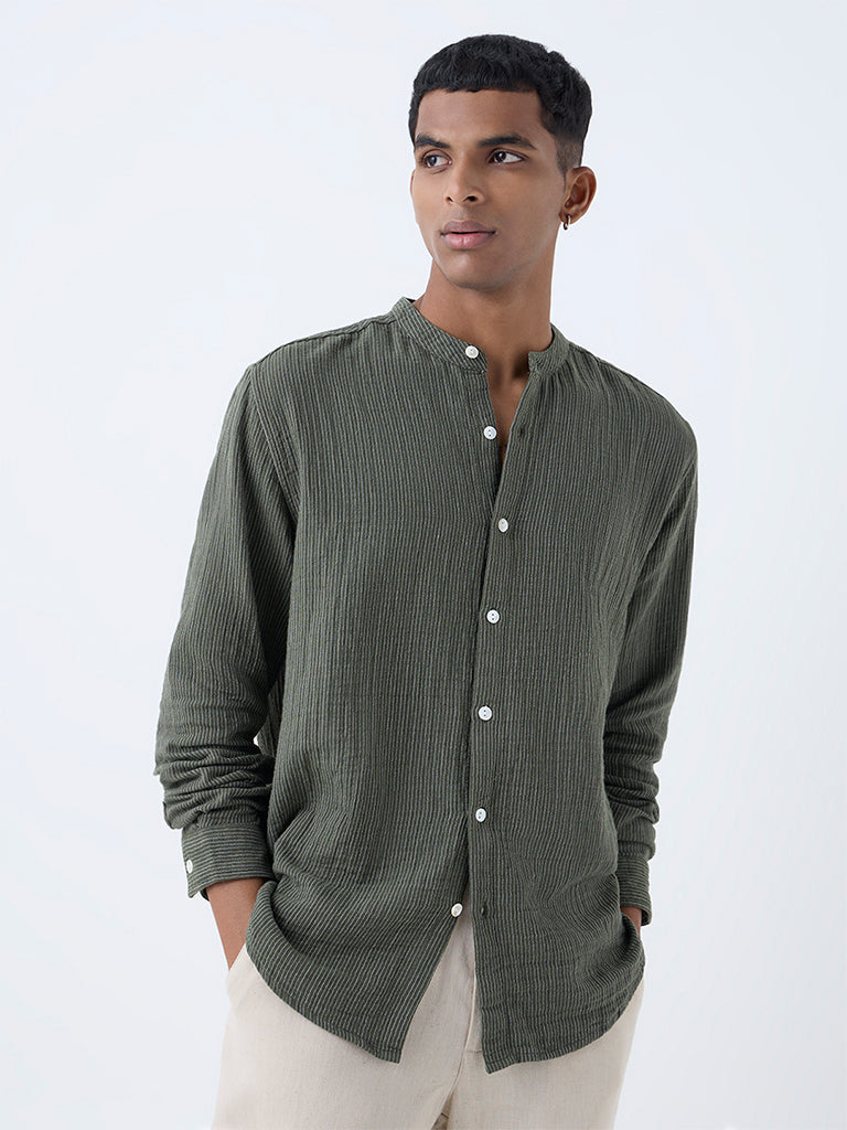 ETA Olive Striped Relaxed-Fit Cotton Shirt