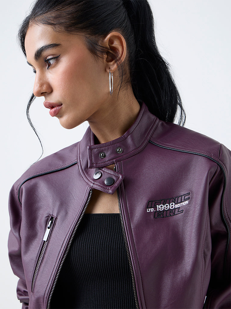 Nuon Plum Typographic Faux-Leather Jacket