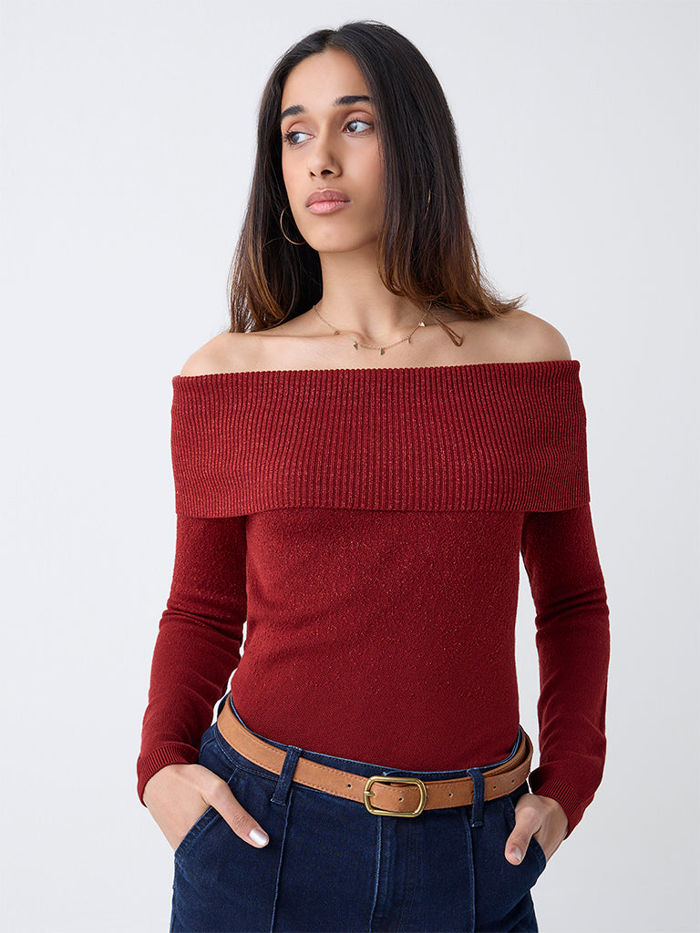 LOV Red Off-Shoulder Knitted Top