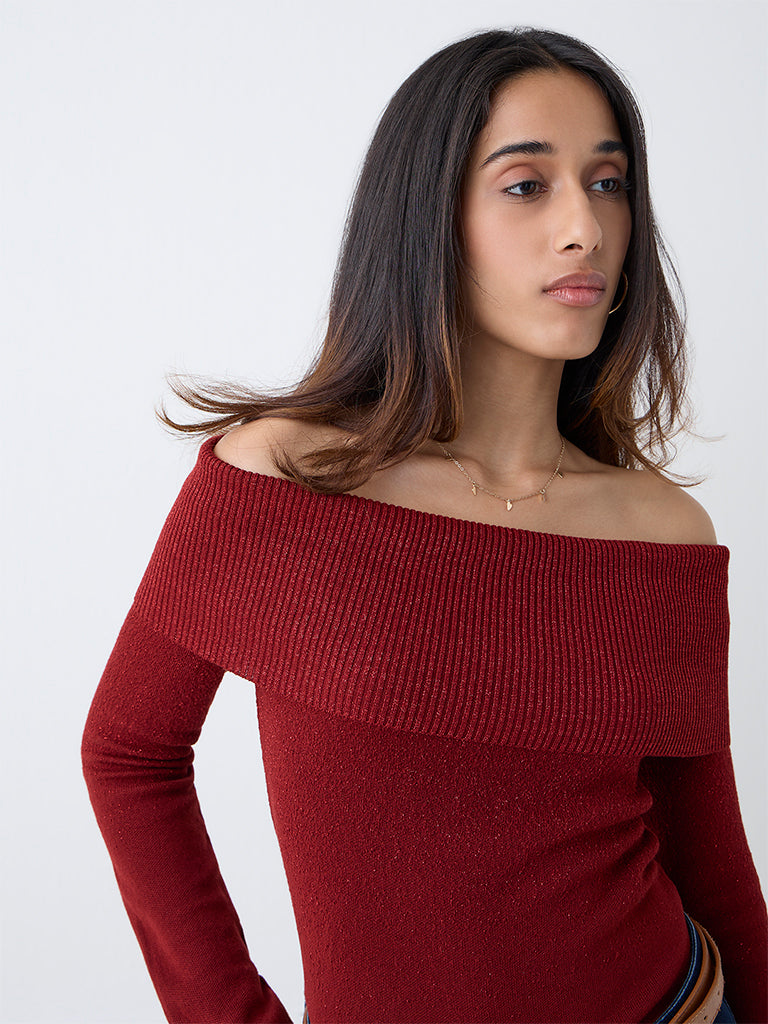 LOV Red Off-Shoulder Knitted Top