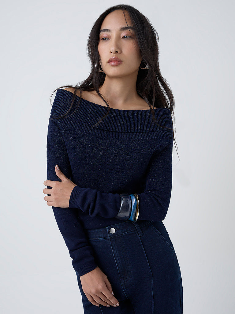 LOV Navy Knit-Textured Off-Shoulder Top