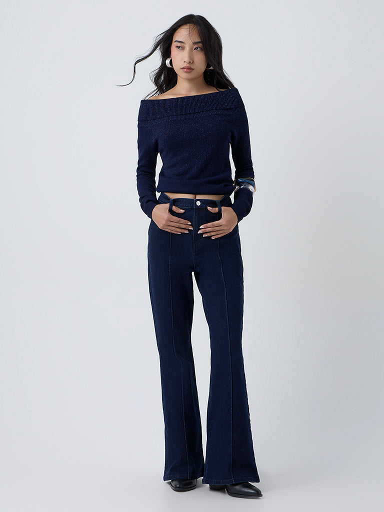 LOV Navy Knit-Textured Off-Shoulder Top