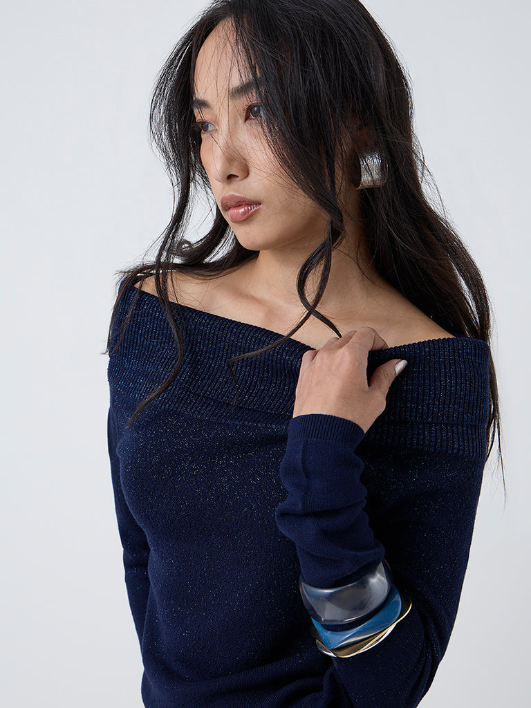 LOV Navy Knit-Textured Off-Shoulder Top