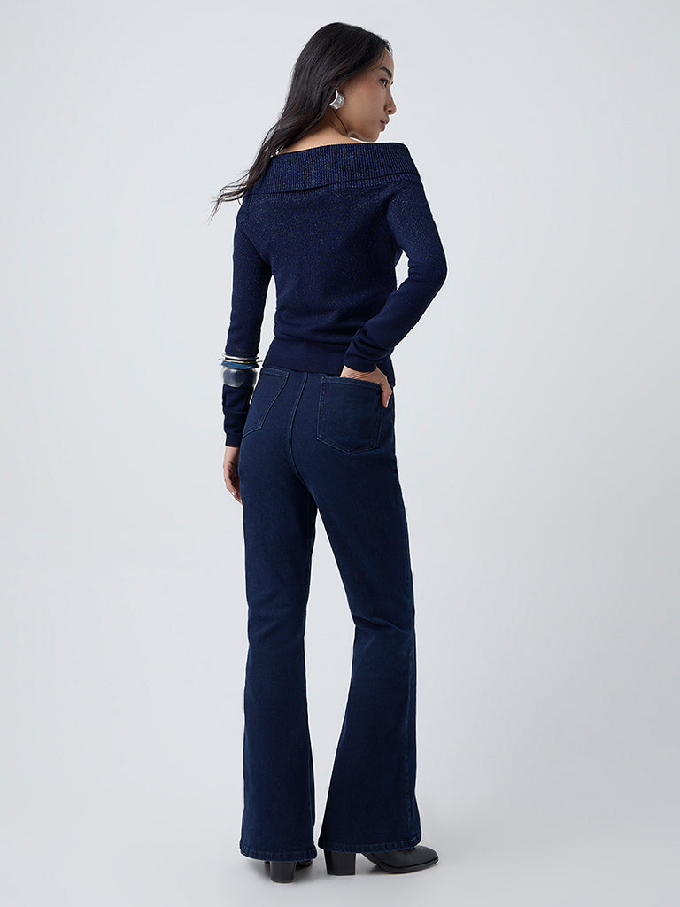 LOV Navy Knit-Textured Off-Shoulder Top