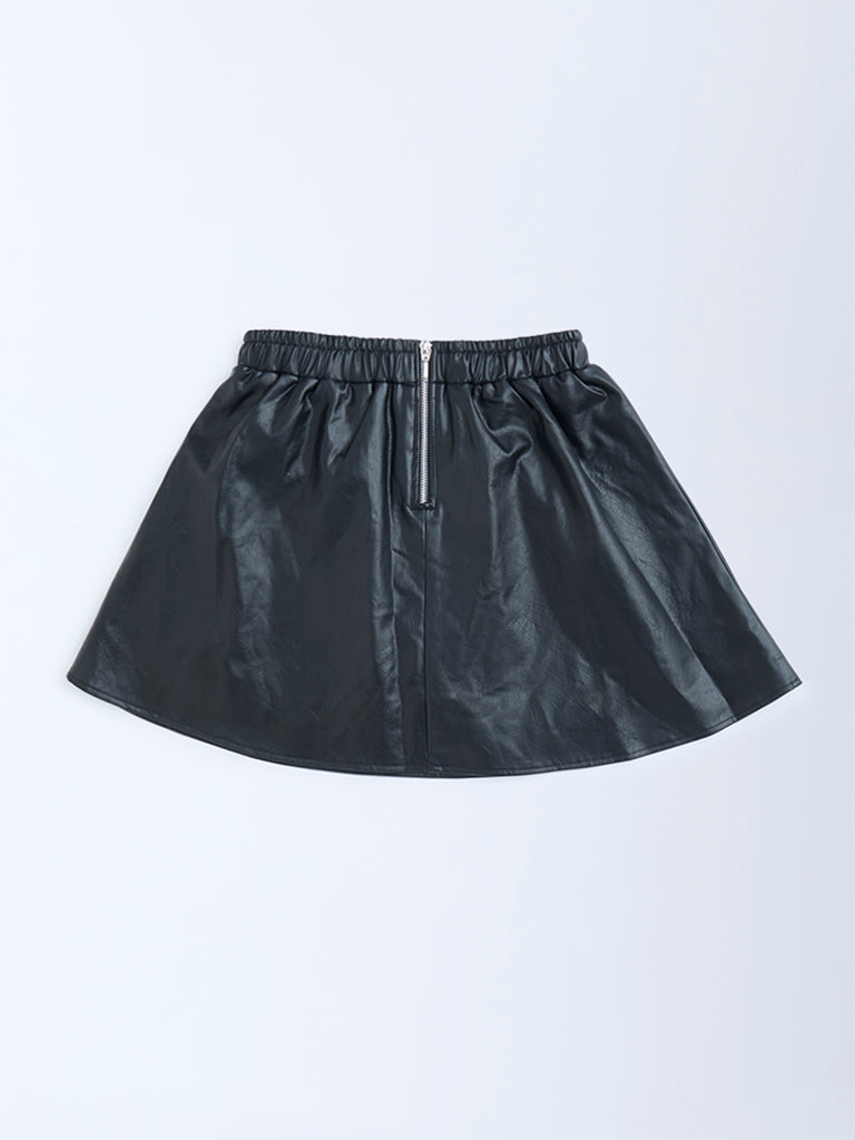 Girls Black High-Rise Leather Skirt