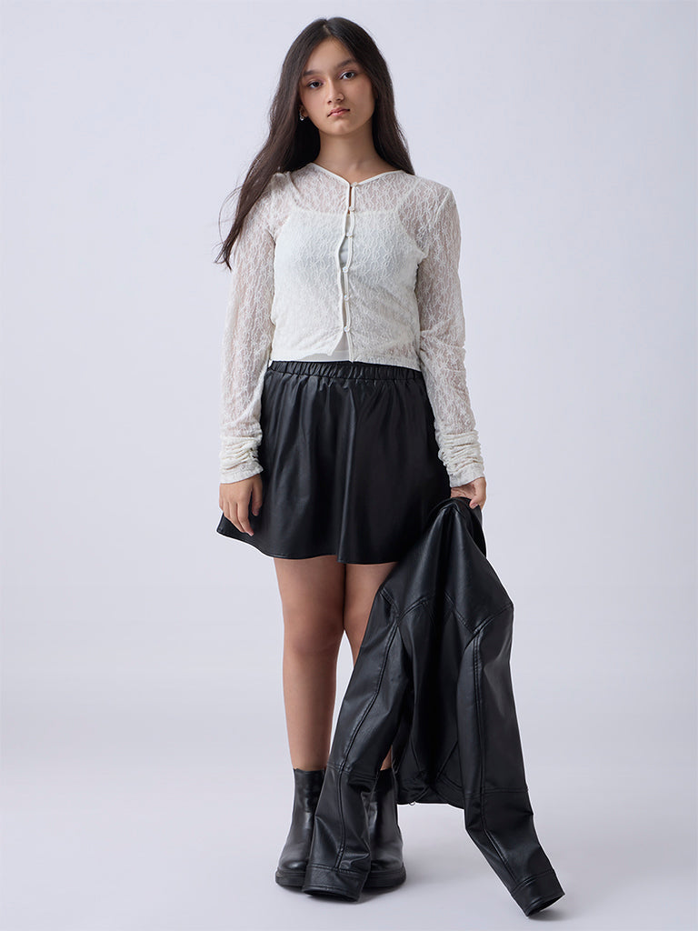 Girls Black High-Rise Leather Skirt