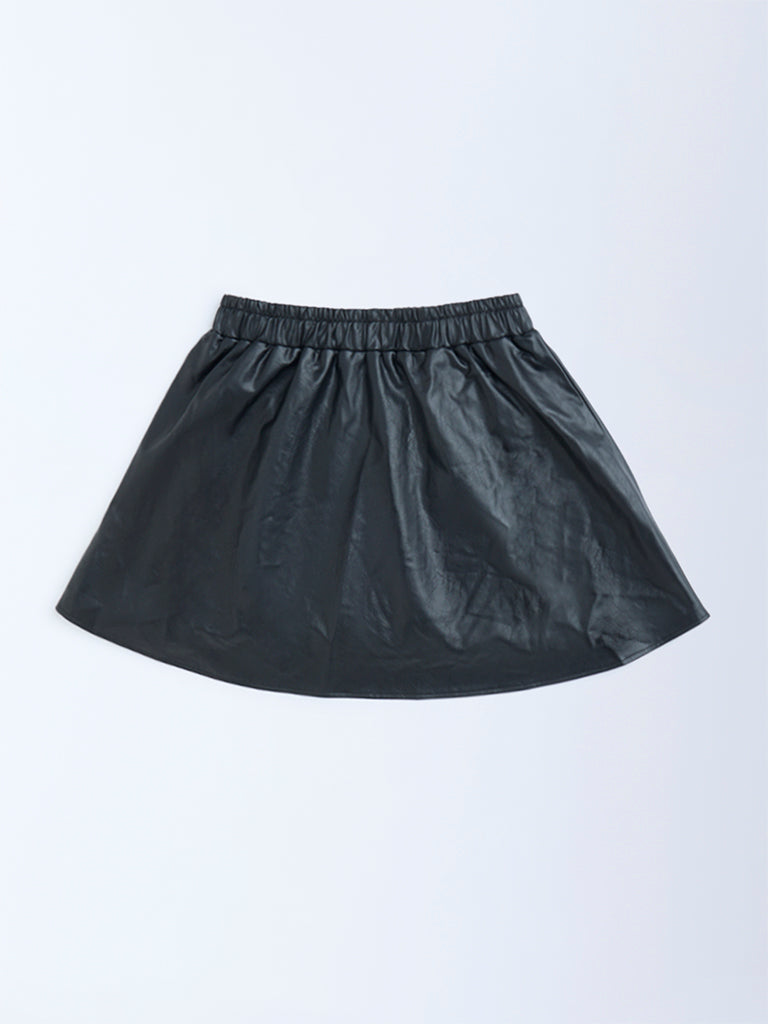 Girls Black High-Rise Leather Skirt