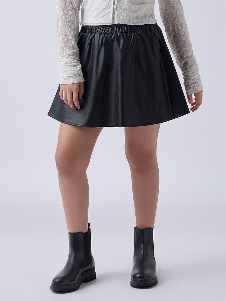 Girls Black High-Rise Leather Skirt