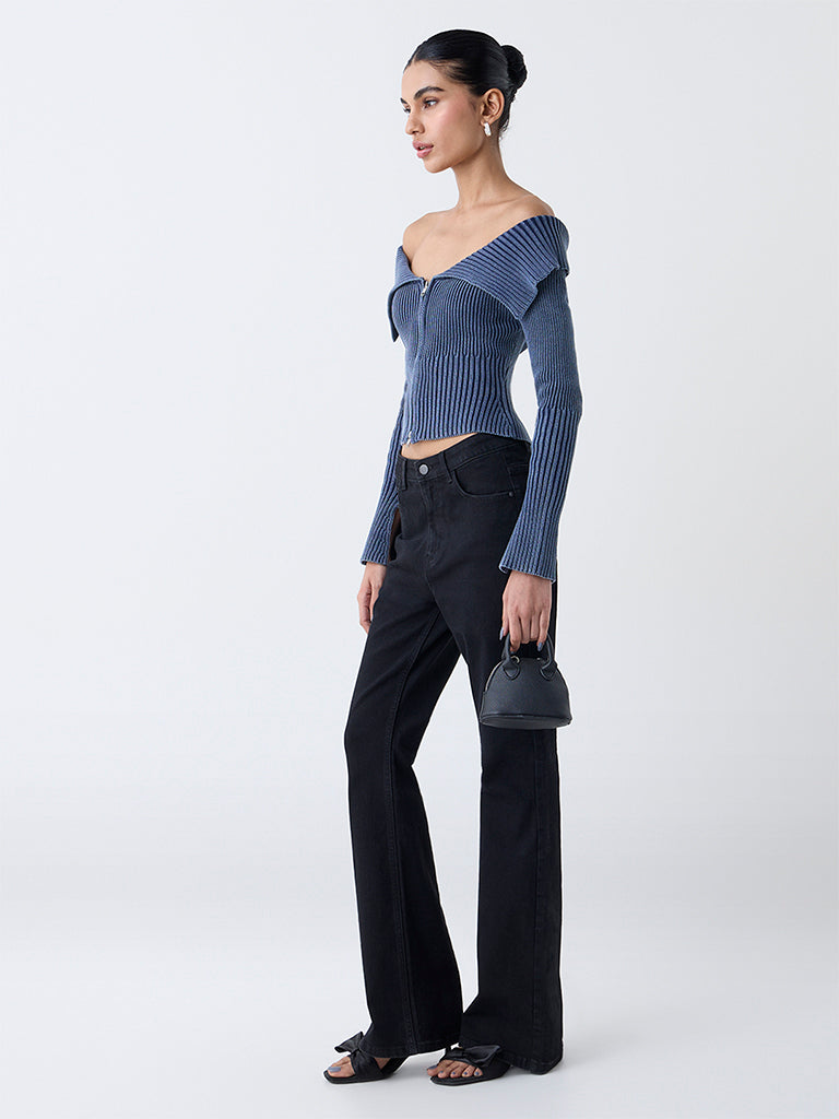 Nuon Dusty Blue Off-Shoulder Ribbed Cotton Top