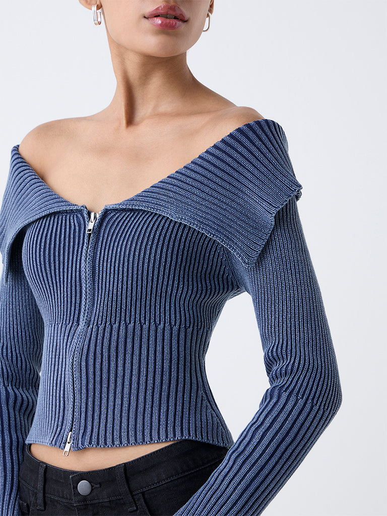 Nuon Dusty Blue Off-Shoulder Ribbed Cotton Top