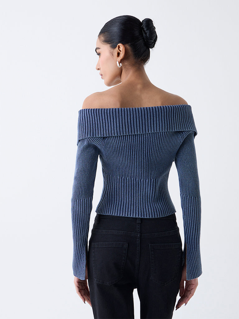 Nuon Dusty Blue Off-Shoulder Ribbed Cotton Top