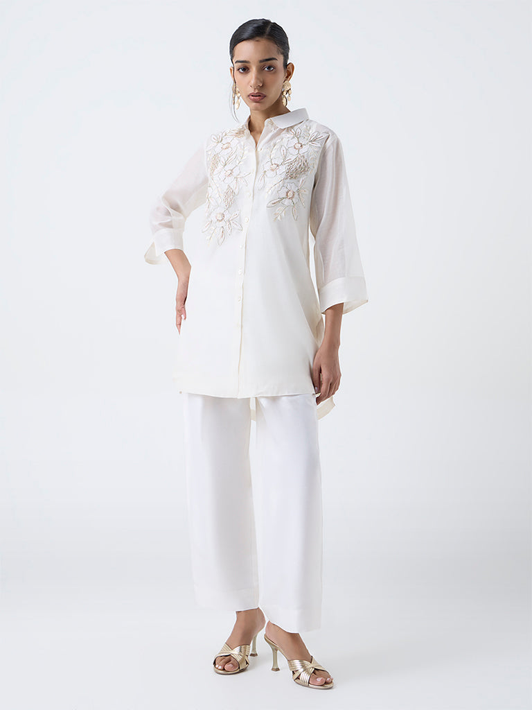 Vark Off-White Floral Embellished Cotton Ethnic Set