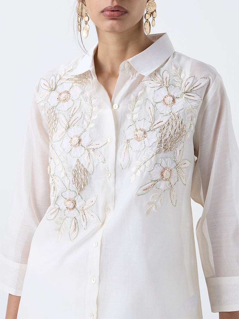 Vark Off-White Floral Embellished Cotton Ethnic Set