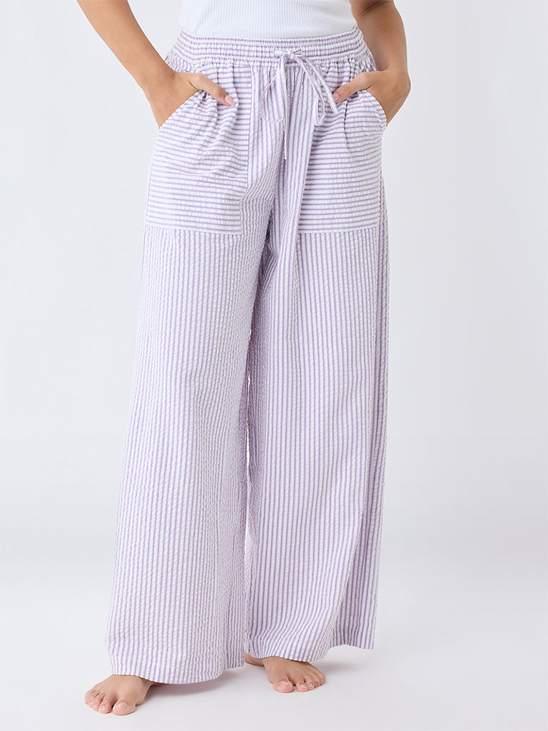 Wunderlove Lilac Seersucker Striped High-Rise Cotton Pants