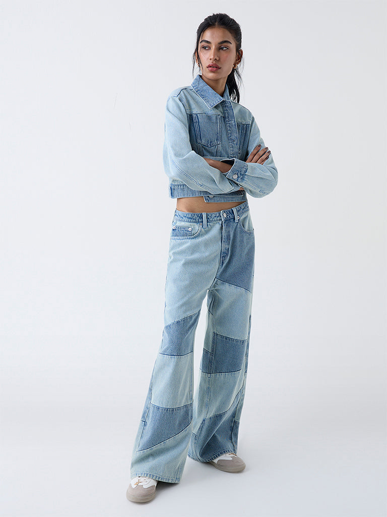 Nuon Blue Colour-Block High-Rise Cotton Jeans