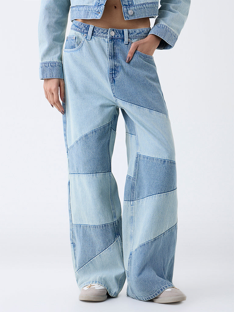 Nuon Blue Colour-Block High-Rise Cotton Jeans