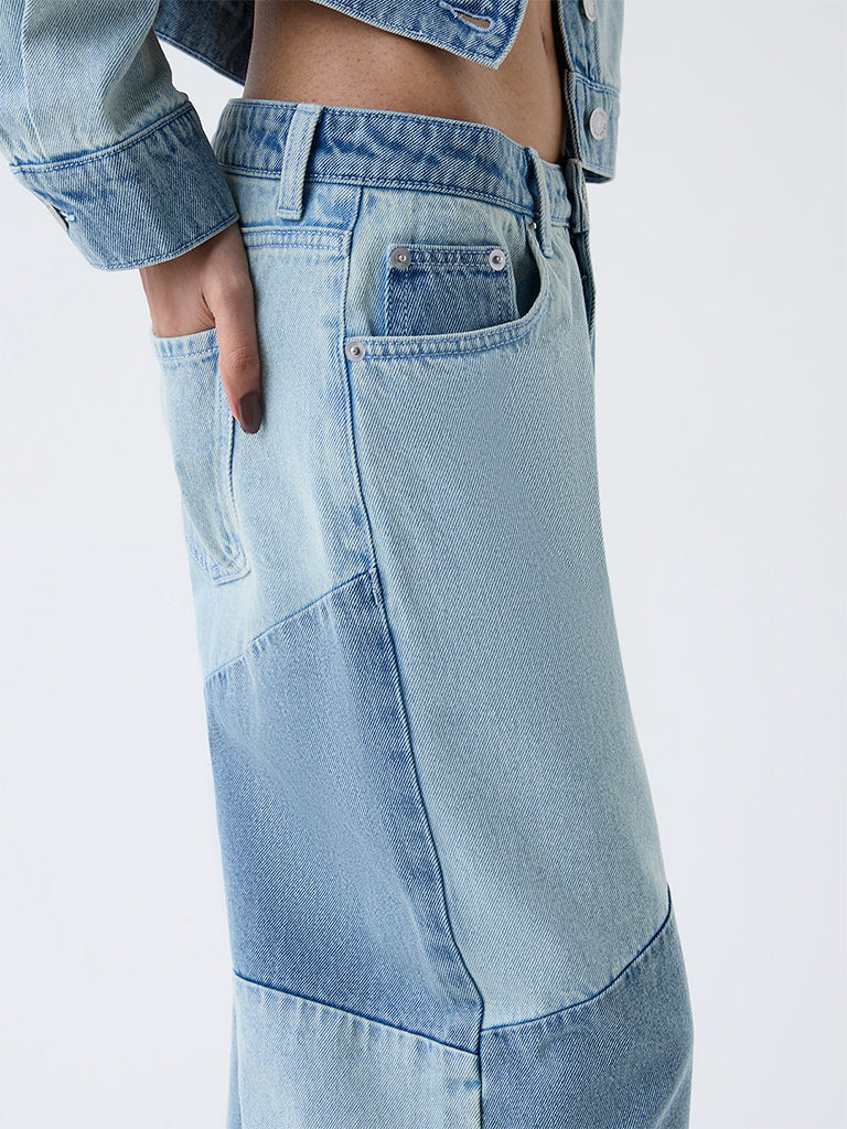 Nuon Blue Colour-Block High-Rise Cotton Jeans