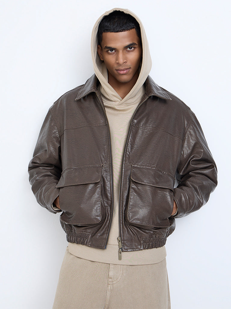 Nuon Dark Brown Solid Relaxed-Fit Jacket