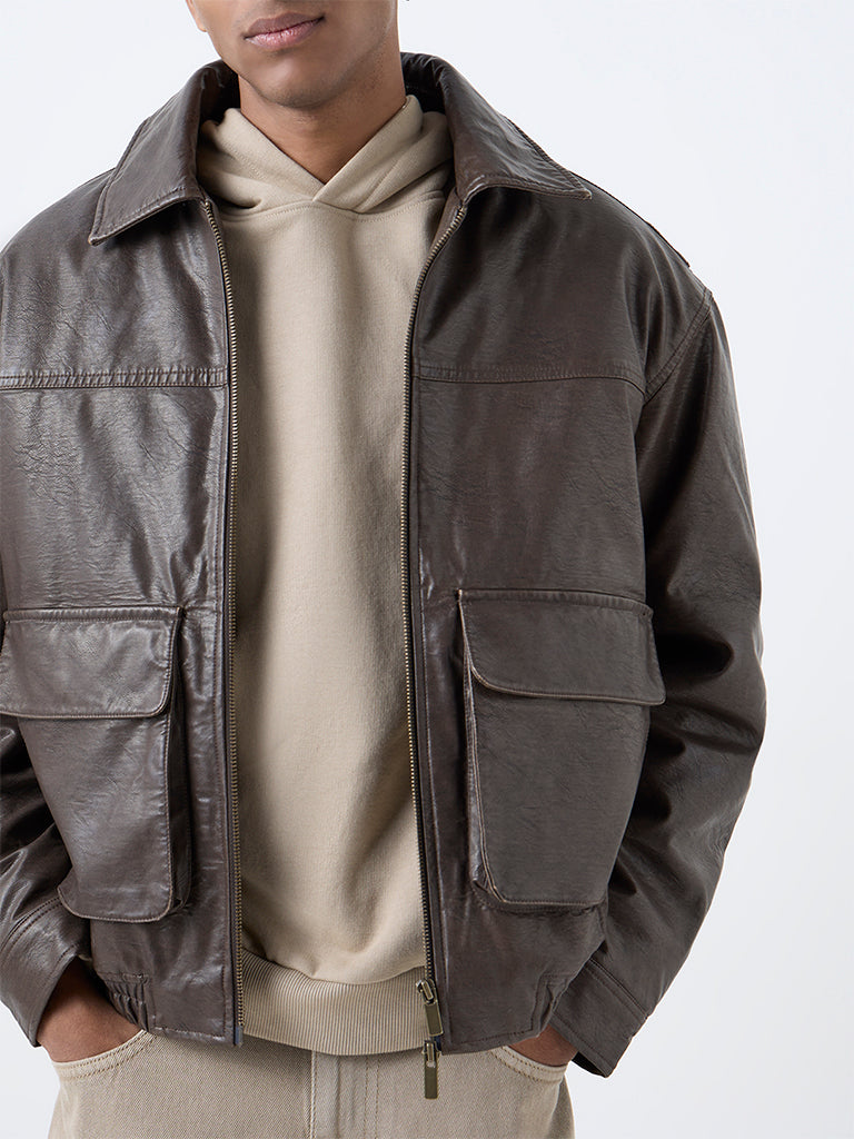Nuon Dark Brown Solid Relaxed-Fit Jacket