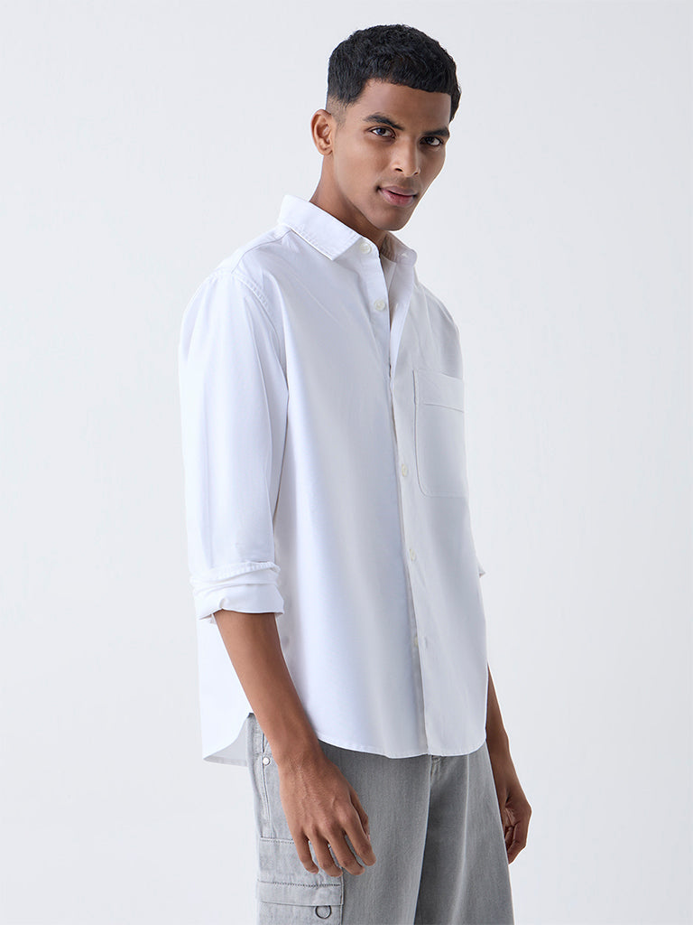 Nuon White Solid Relaxed-Fit Cotton Shirt