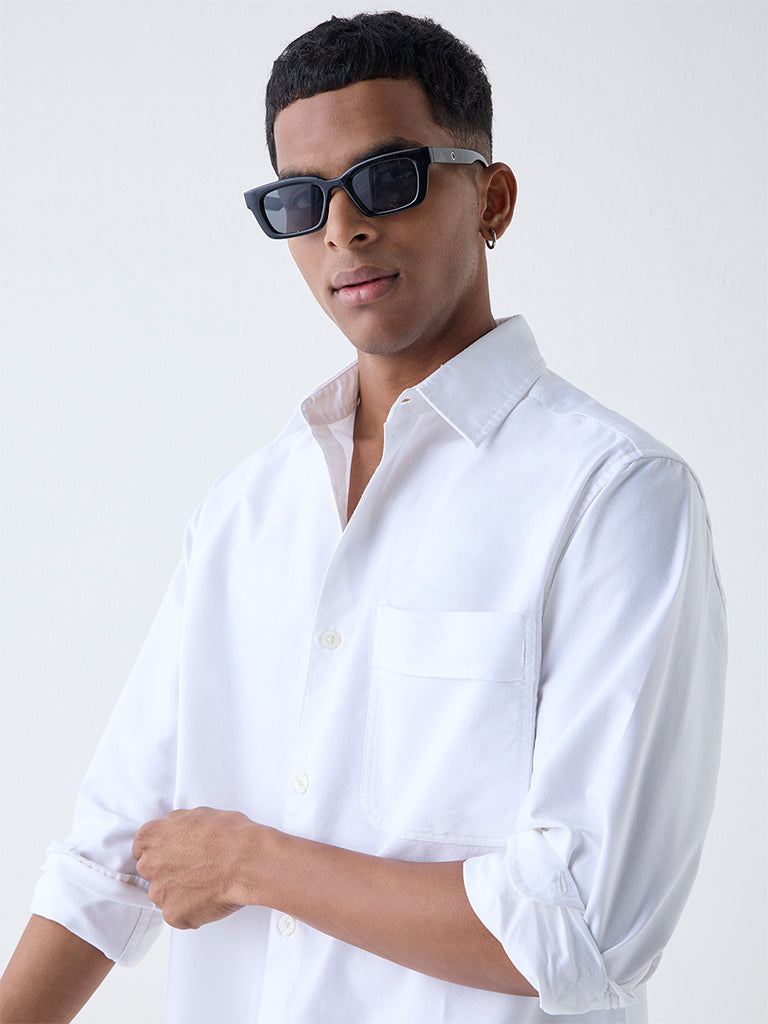 Nuon White Solid Relaxed-Fit Cotton Shirt