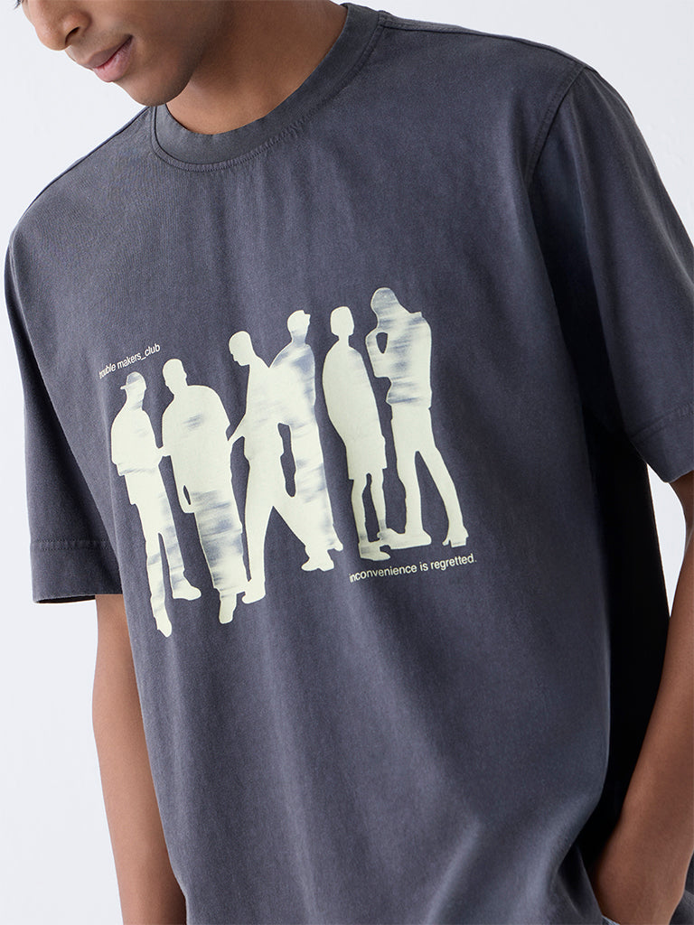 Nuon Charcoal Printed Relaxed-Fit Cotton T-Shirt