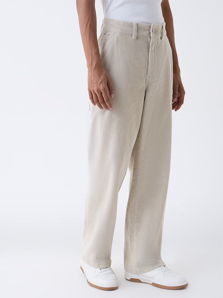 Nuon Beige Relaxed-Fit Mid-Rise Corduroy Trousers