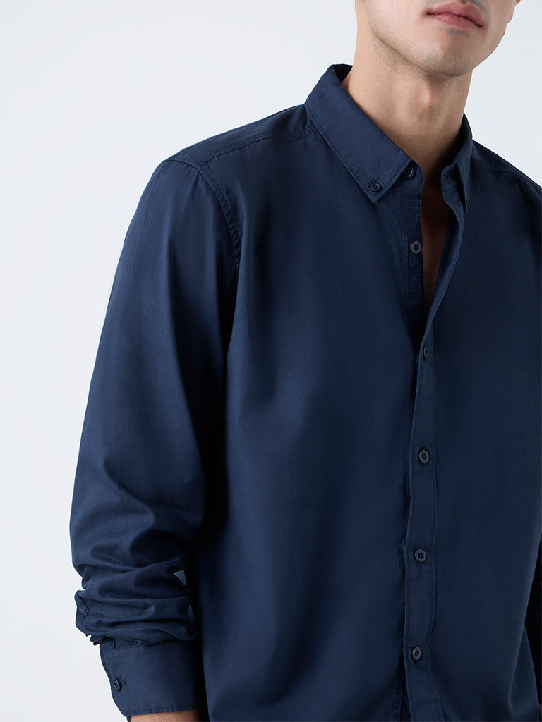 Nuon Navy Solid Slim-Fit Cotton Shirt