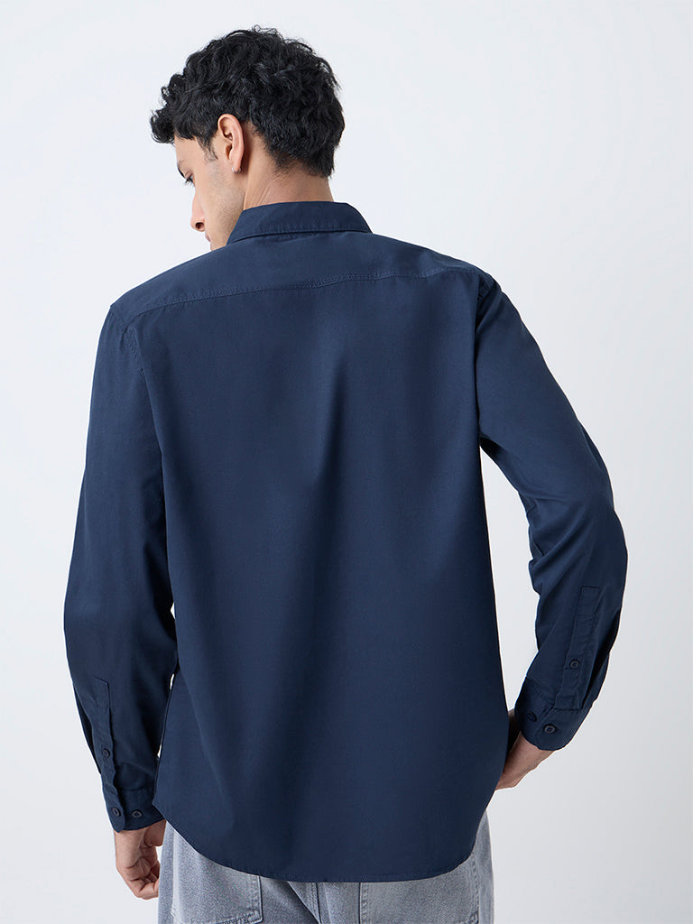 Nuon Navy Solid Slim-Fit Cotton Shirt
