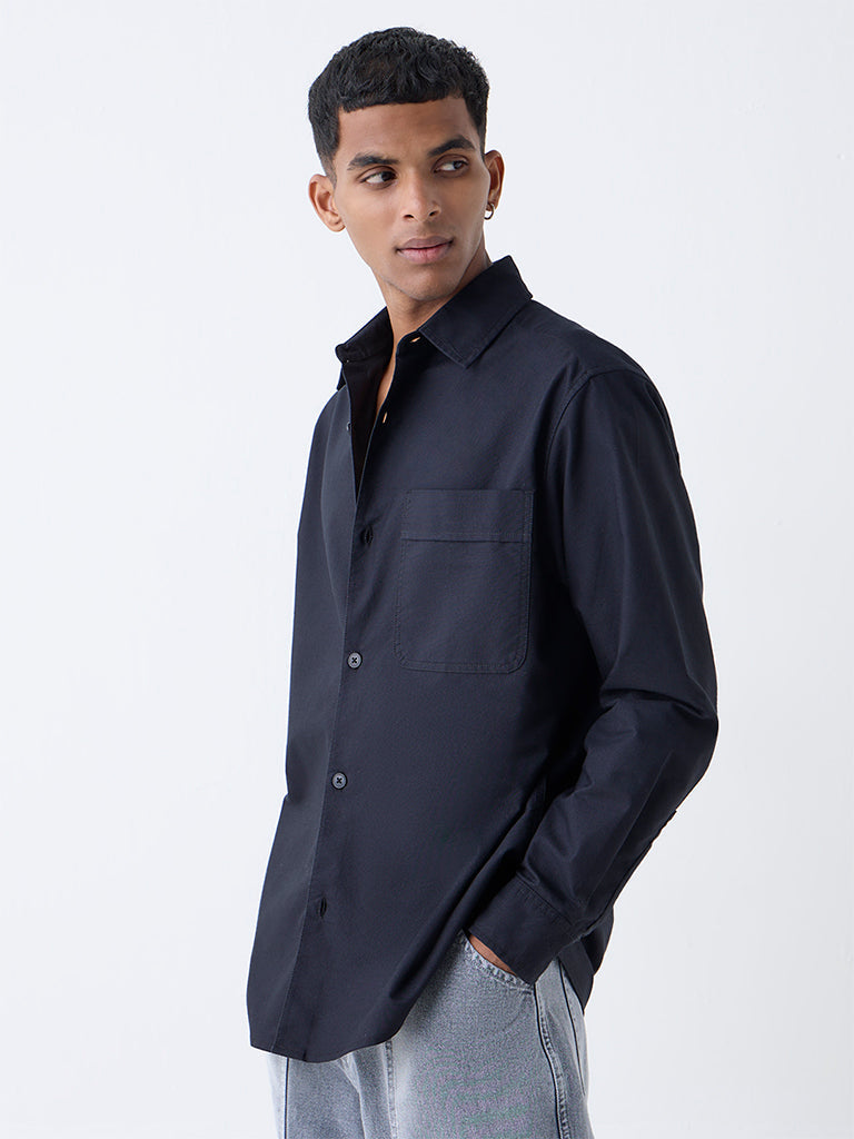 Nuon Black Solid Relaxed-Fit Cotton Shirt