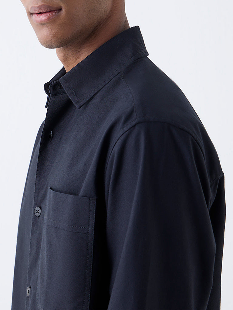 Nuon Black Solid Relaxed-Fit Cotton Shirt