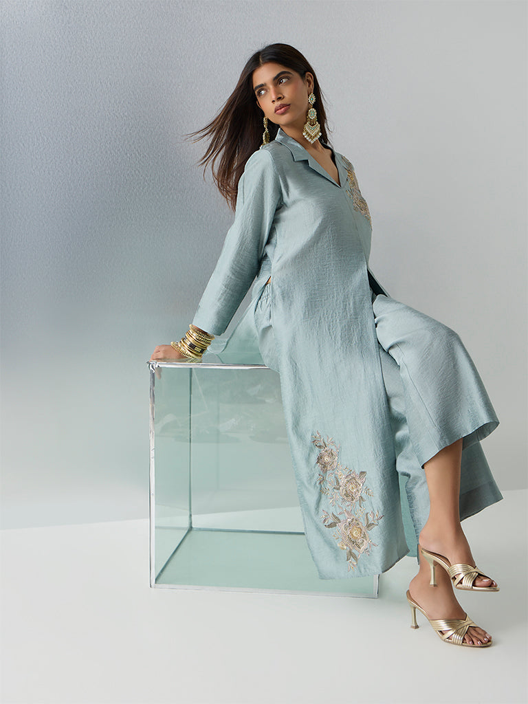 Vark Sea Green Floral Embroidered A-Line Ethnic Set
