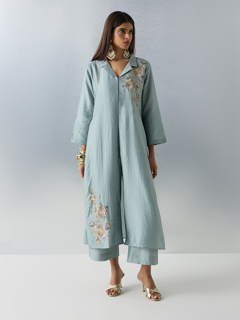 Vark Sea Green Floral Embroidered A-Line Ethnic Set