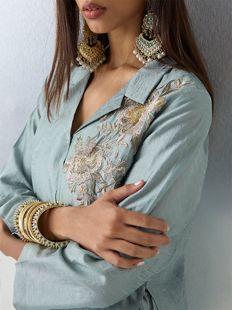 Vark Sea Green Floral Embroidered A-Line Ethnic Set