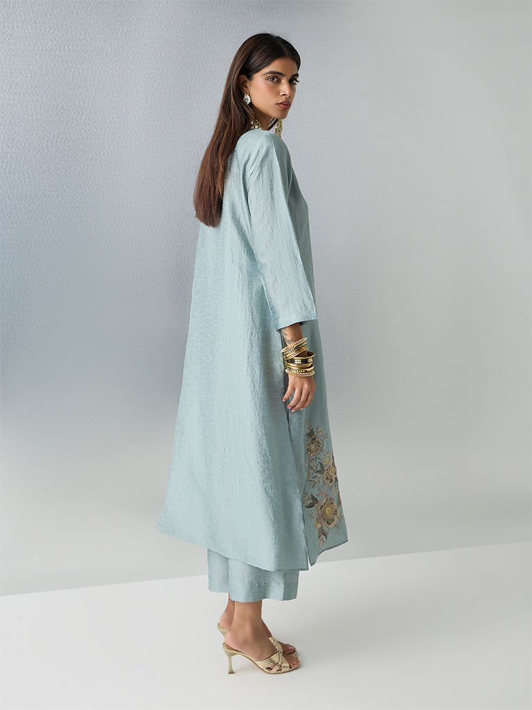 Vark Sea Green Floral Embroidered A-Line Ethnic Set
