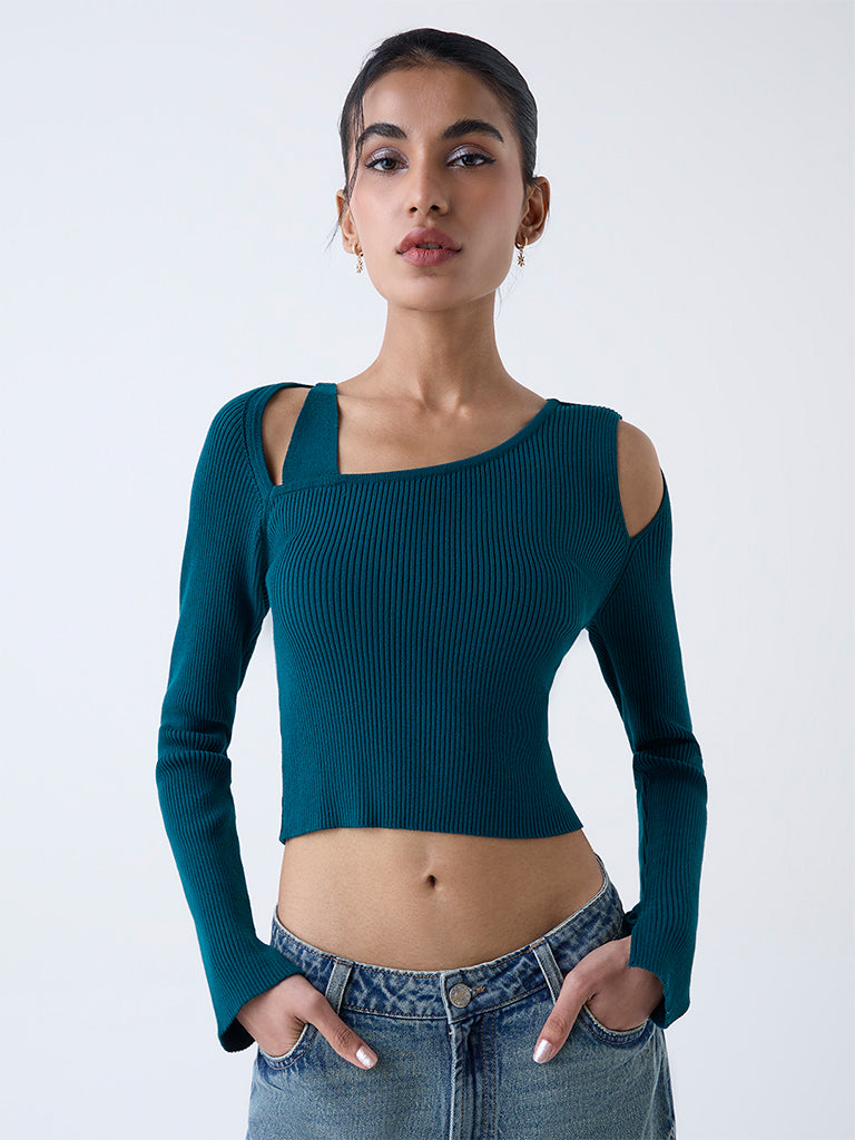 Nuon Teal Ribbed-Textured Top
