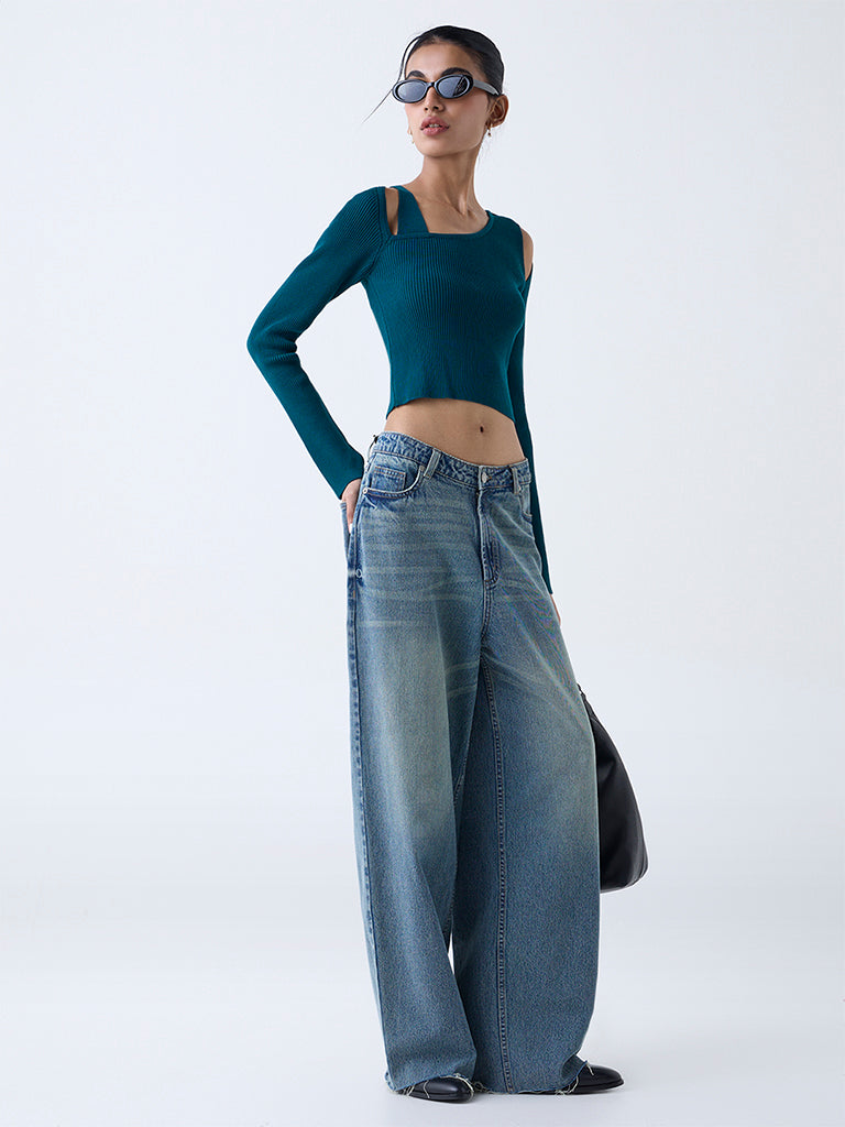 Nuon Teal Ribbed-Textured Top