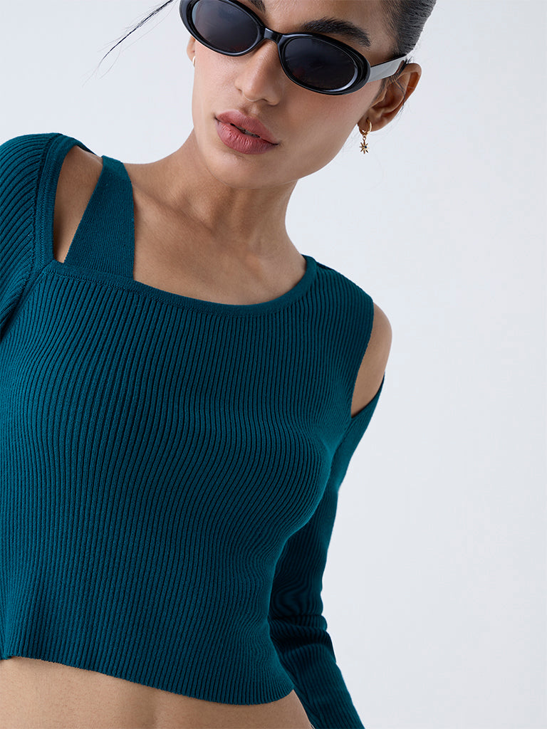 Nuon Teal Ribbed-Textured Top