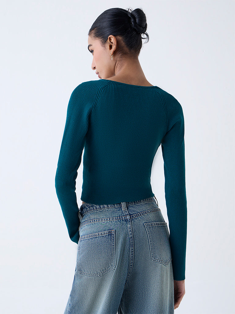 Nuon Teal Ribbed-Textured Top