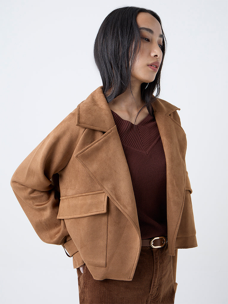 LOV Tan Solid Suede Jacket