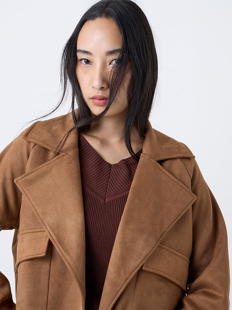 LOV Tan Solid Suede Jacket