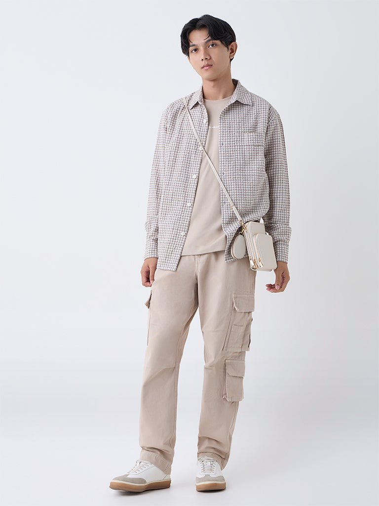 Nuon Beige Cargo-Style Relaxed-Fit Mid-Rise Cotton Pants