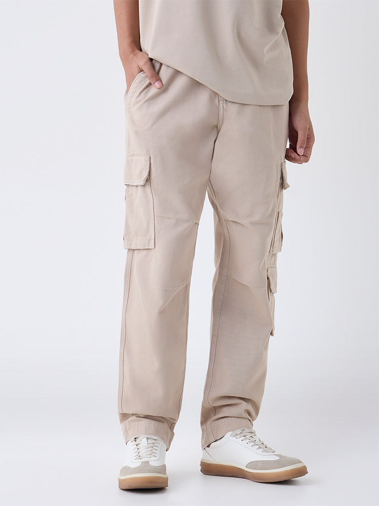 Nuon Beige Cargo-Style Relaxed-Fit Mid-Rise Cotton Pants