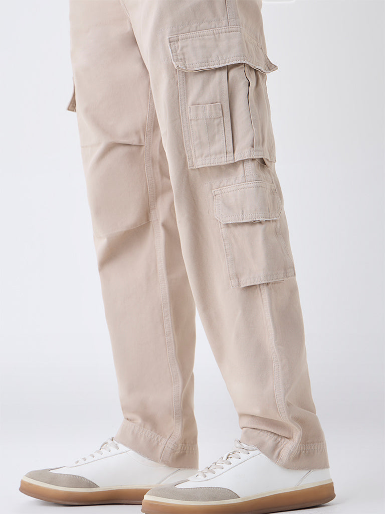Nuon Beige Cargo-Style Relaxed-Fit Mid-Rise Cotton Pants
